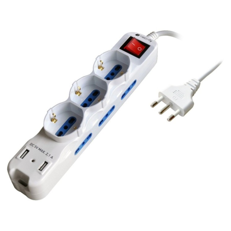 Multipresa 6 Posti Italiana Bipasso con 2 Prese USB Bianca