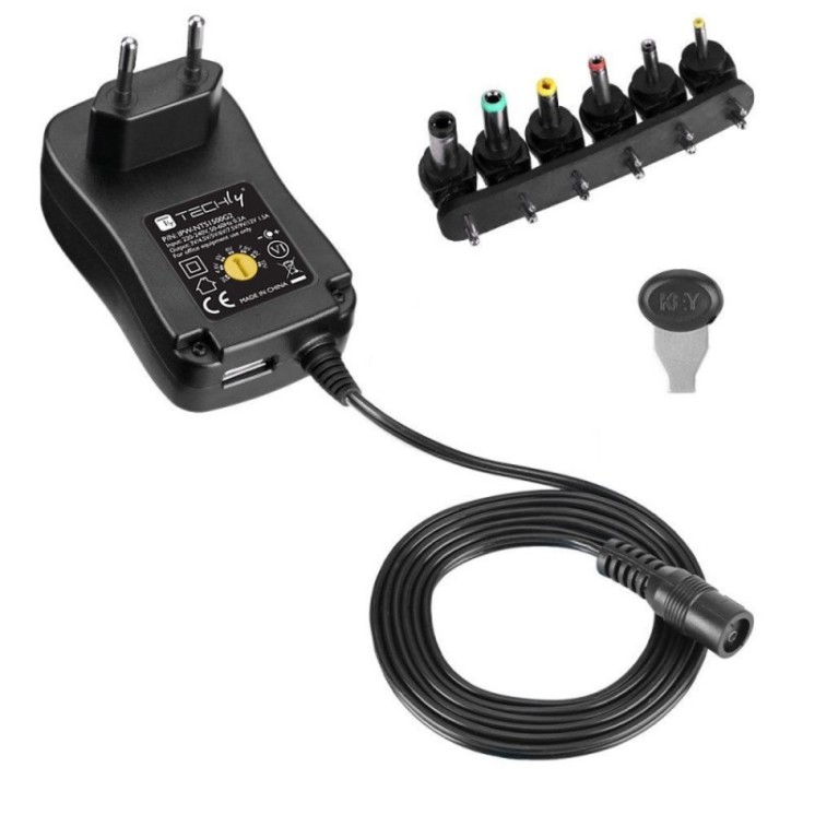 Alimentatore Universale Regolabile 18W AC/DC 3V-12V 1500 mA con 6 Spine DC Porta USB 1A