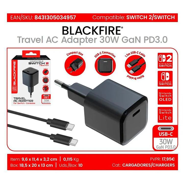 Blackfire Adattatore di corrente AC USB-C 30W Switch/2